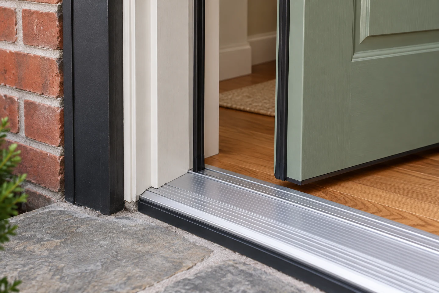 Close-up of a green entry door beside its frame, weatherstripping and aluminium threshold
