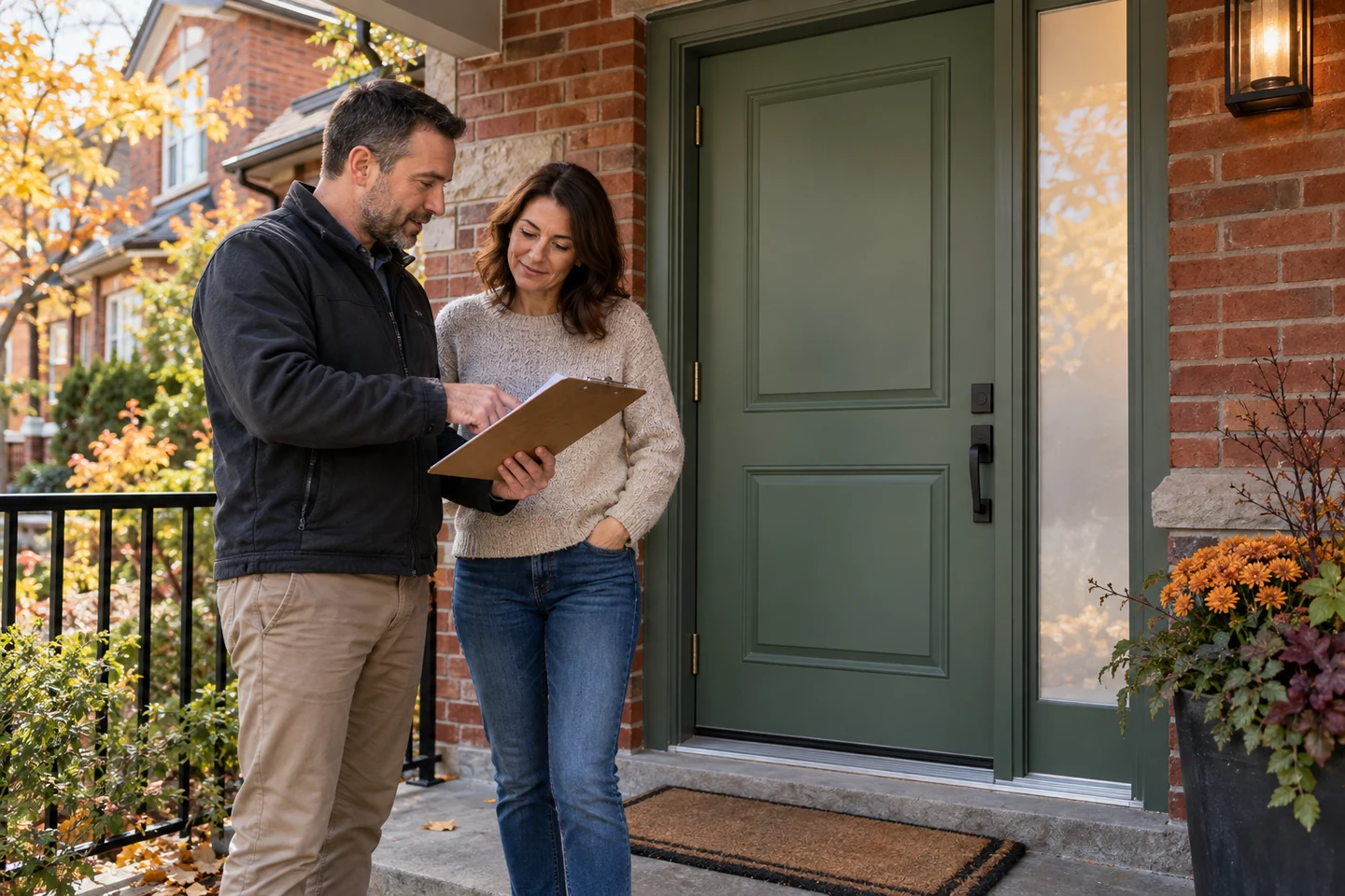 Homeowner and consultant reviewing a clipboard beside a green entry door and frosted sidelight