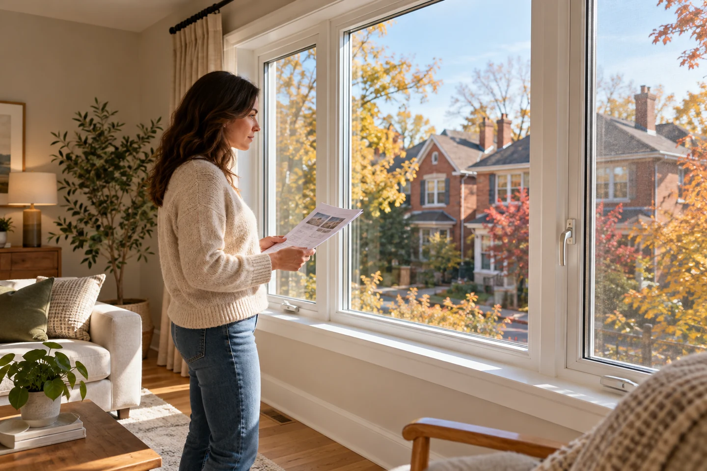 Homeowner reviewing a product information sheet beside white vinyl windows in a sunlit living room