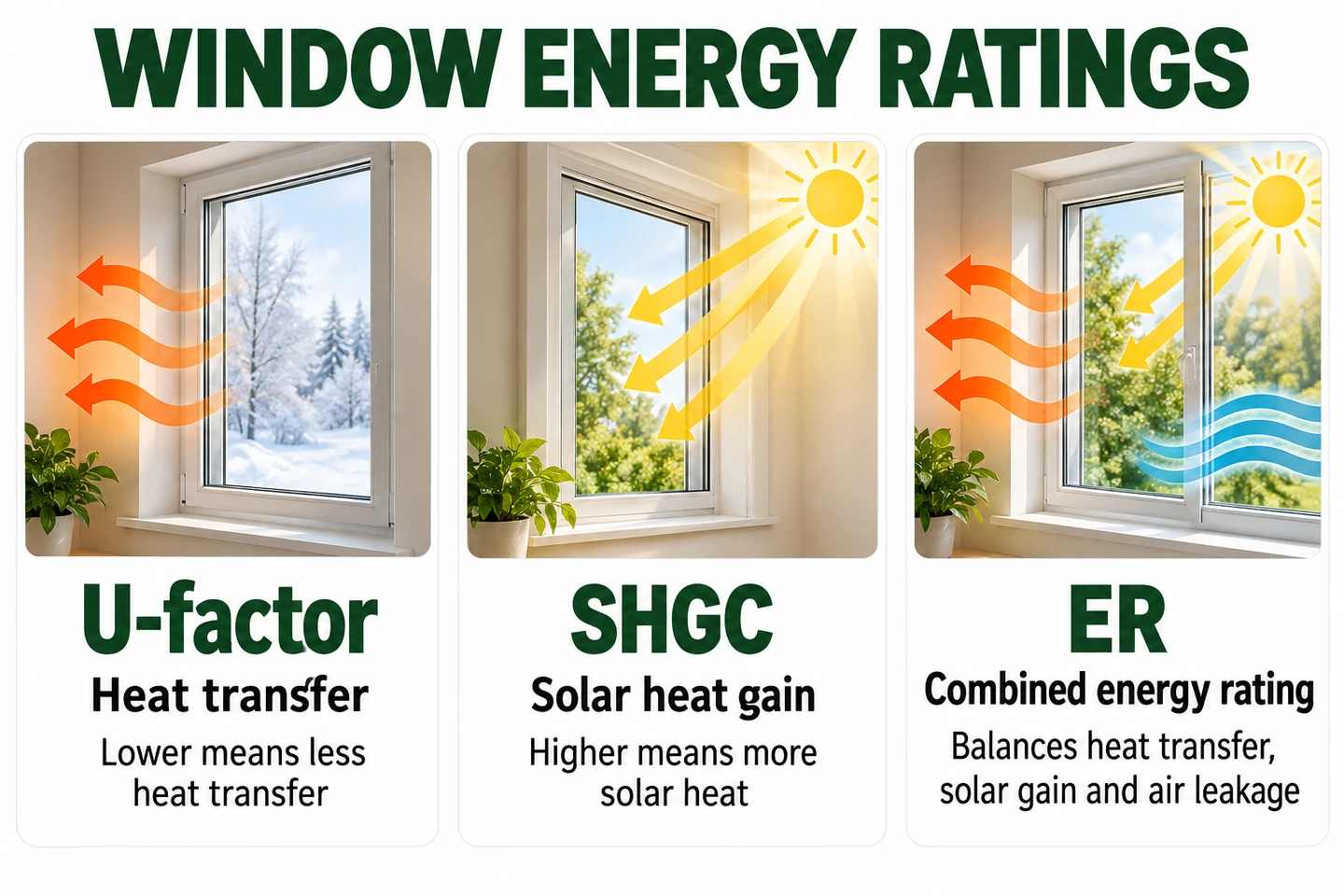 Illustrated comparison of U-factor heat transfer, SHGC solar heat gain and the combined Energy Rating