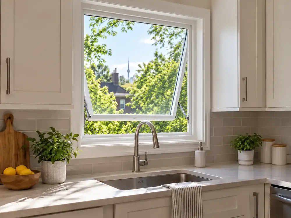White vinyl awning window open above a kitchen sink
