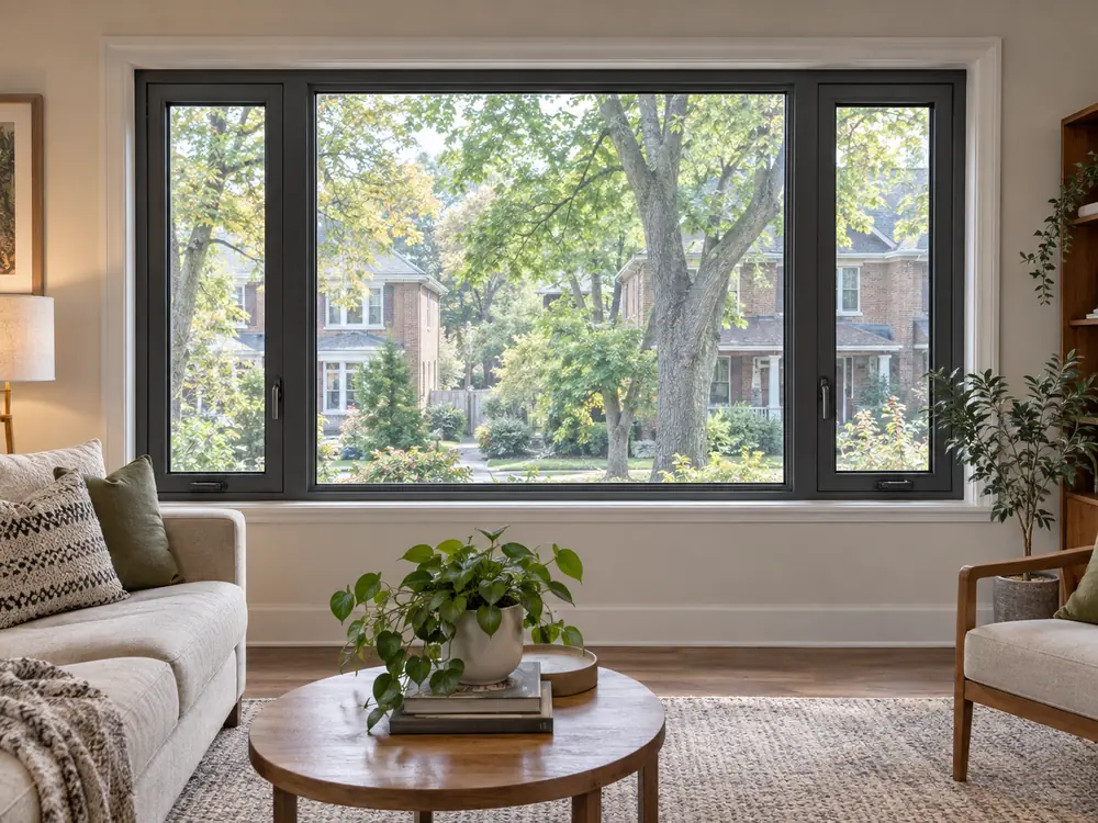 Fixed picture window with operable casement windows on both sides