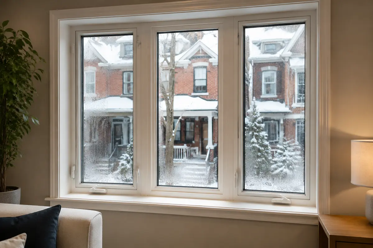 Interior window condensation on a cold winter morning in a Toronto home