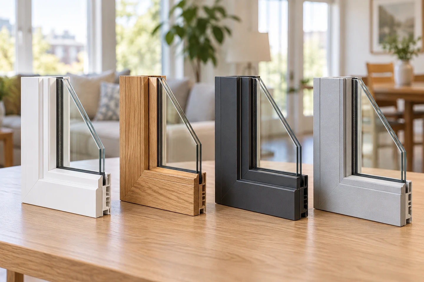 Illustrated window corner samples with white, natural wood, charcoal and grey frame finishes