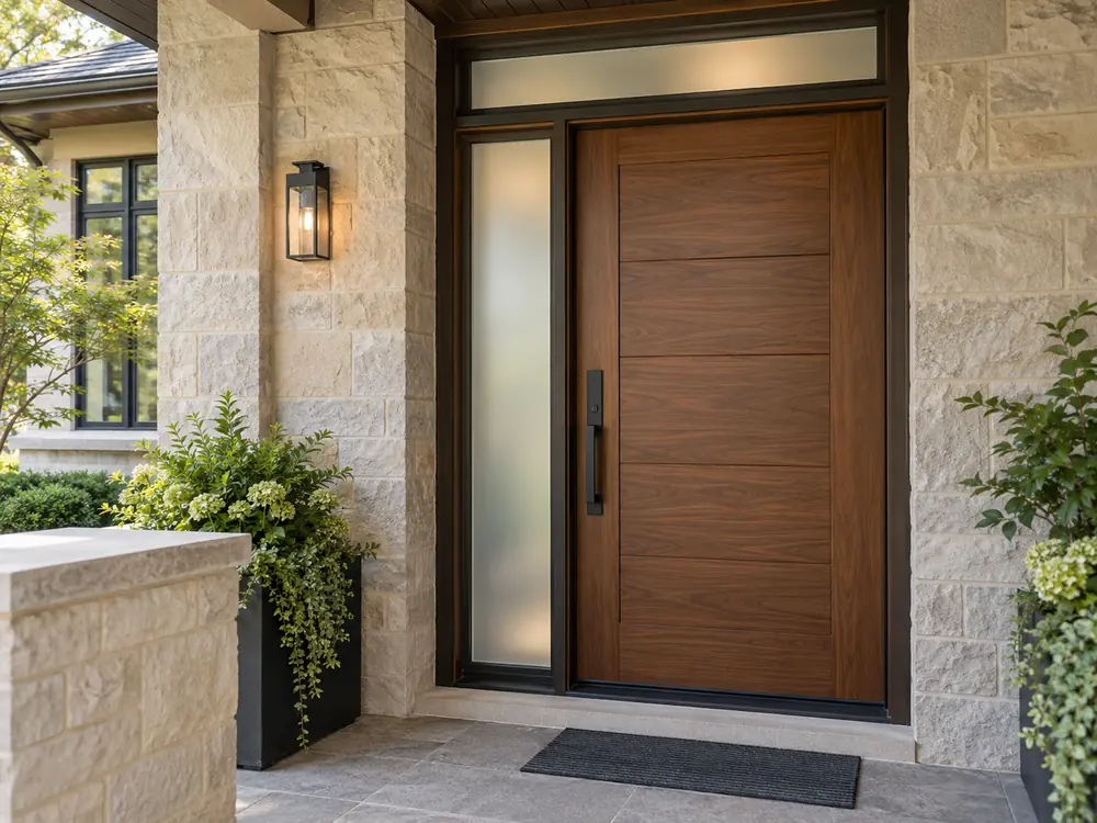Woodgrain fiberglass entry door with frosted sidelight and transom in Toronto