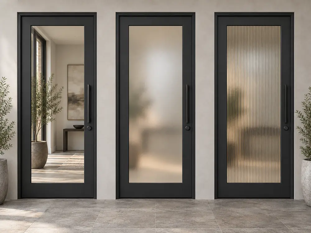 Clear, frosted and reeded privacy glass options for exterior entry doors