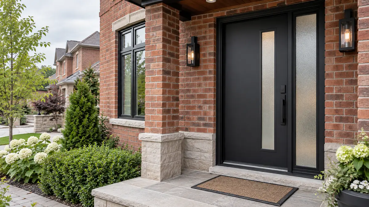Modern black front door with frosted glass and sidelight on a Toronto brick home