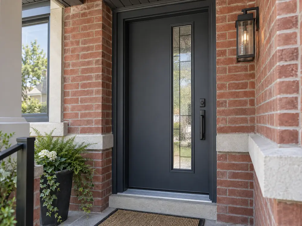 Charcoal steel entry door with narrow decorative privacy glass in Toronto