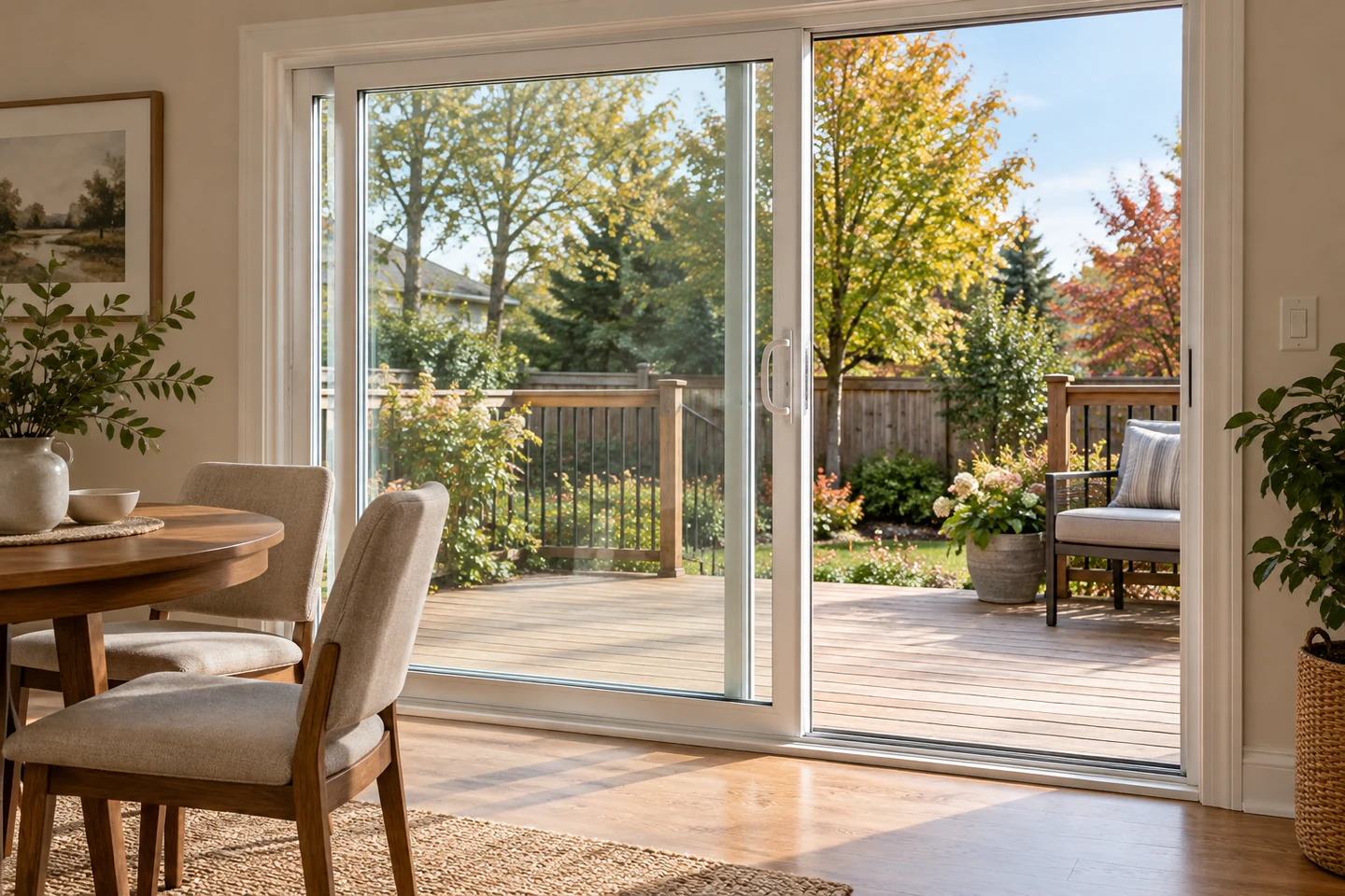 White sliding patio door connecting a dining room to a backyard deck with a clear walking route