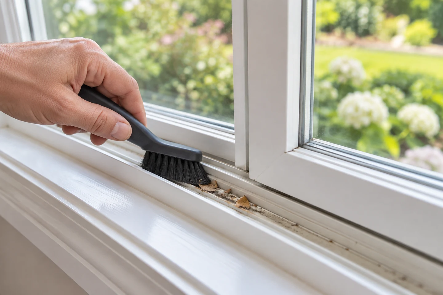 Hand using a soft brush to remove dry debris from a white vinyl sliding window track
