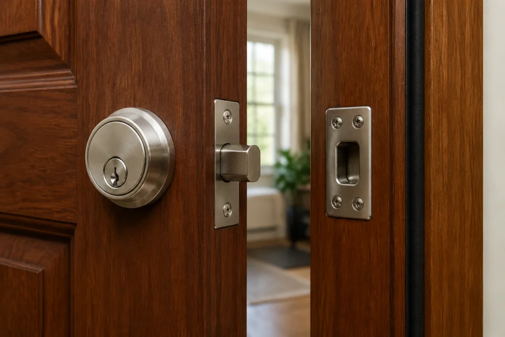 Secure entry door deadbolt and reinforced strike area