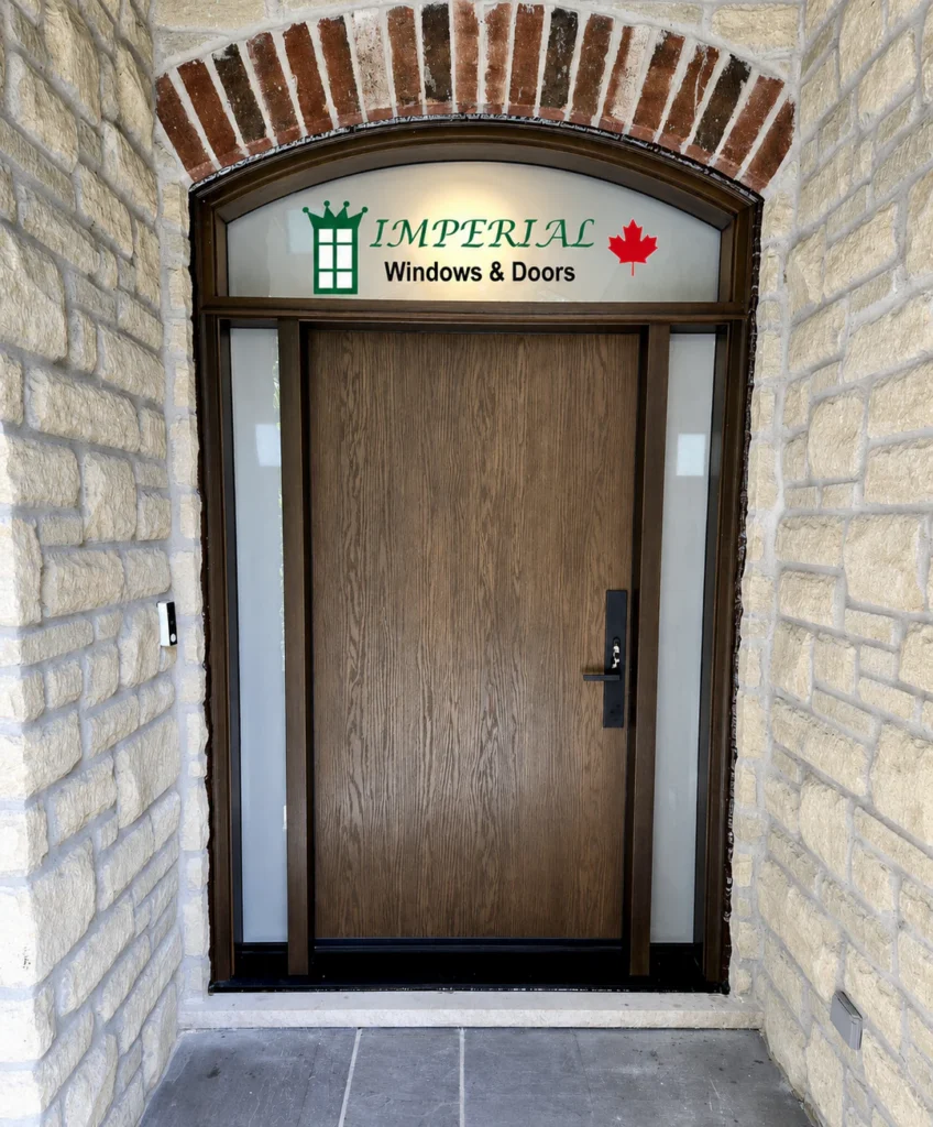 Woodgrain fiberglass entry door installed by Imperial Windows and Doors