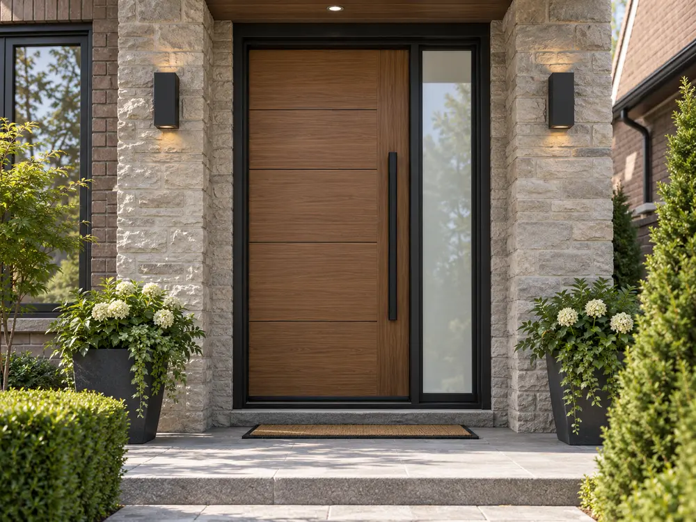 Walnut woodgrain fiberglass entry door with a frosted sidelight