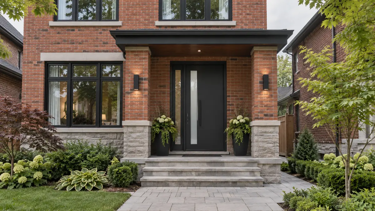 Modern black front door on a red-brick Toronto-style home