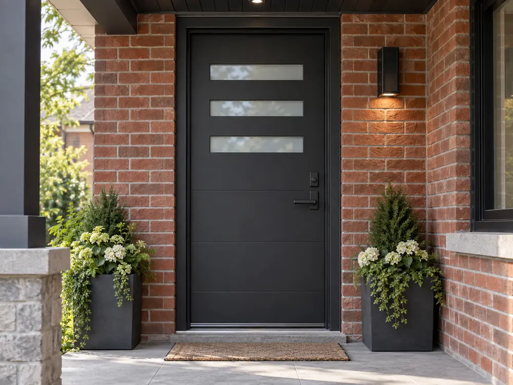 Charcoal steel entry door with three horizontal frosted glass inserts
