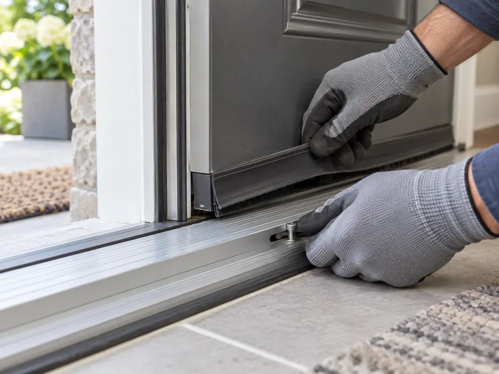Technician adjusting an exterior door threshold and bottom sweep