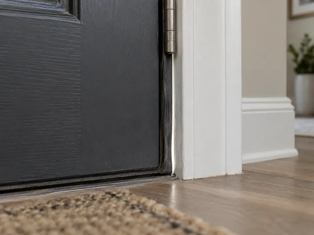 Worn weatherstripping and a visible gap around an exterior front door
