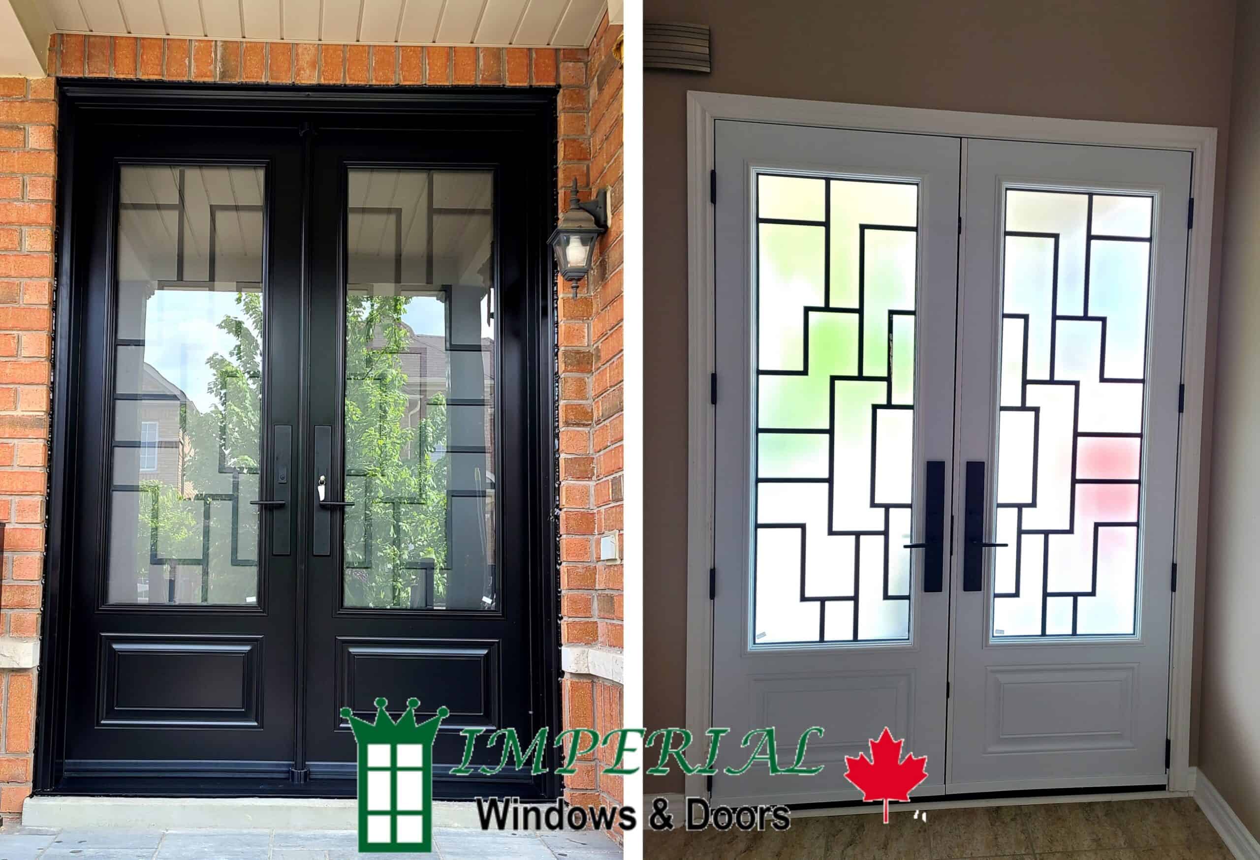 Black Steel Double Door with Wrought Iron Glass Inserts