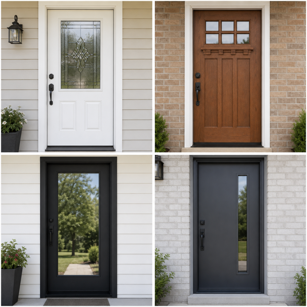 Four homes showcasing traditional, craftsman, modern, and contemporary entry door styles.