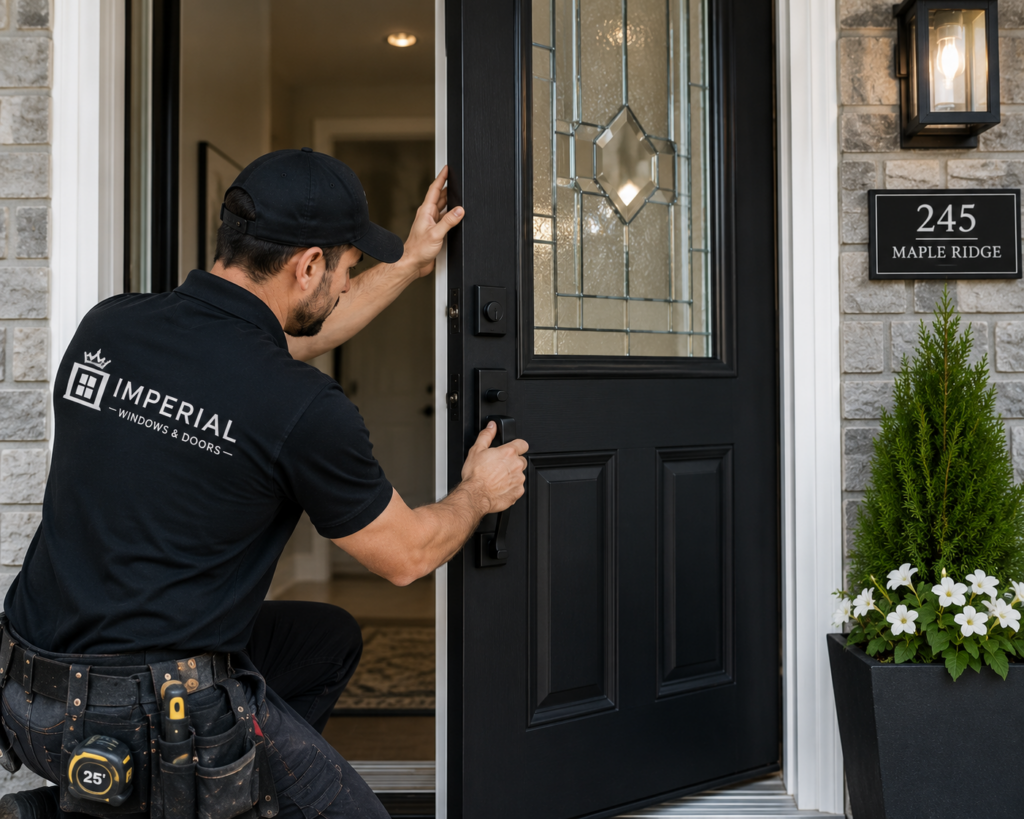 Professional checking the alignment and lock operation of a newly installed entry door.