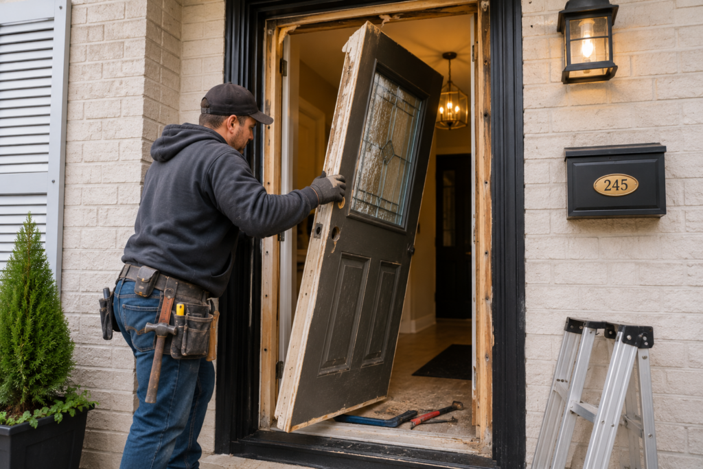 Installer removing an old front door and frame before installing a new energy-efficient entry door.
