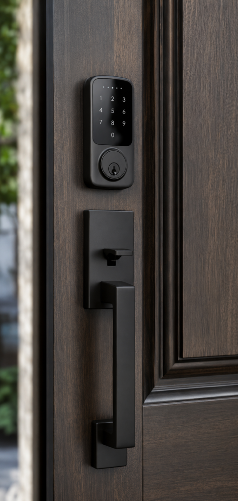 Close-up of premium matte black entry door hardware with smart lock and matching handle set.