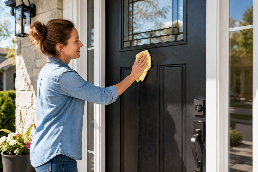 Homeowner cleaning a modern fiberglass entry door to maintain its appearance.