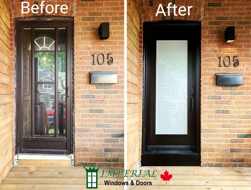 Worn and damaged front entry door before replacement in Toronto