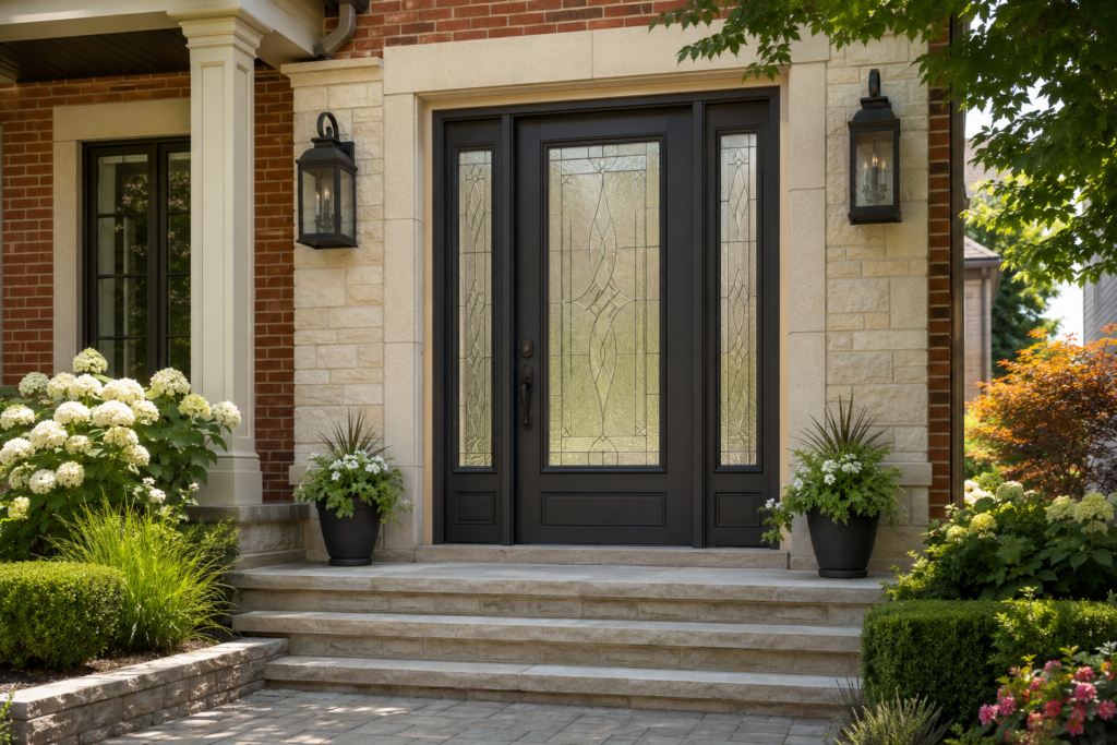 Fiberglass entry door with decorative laminated privacy glass and matching sidelights on a luxury home.