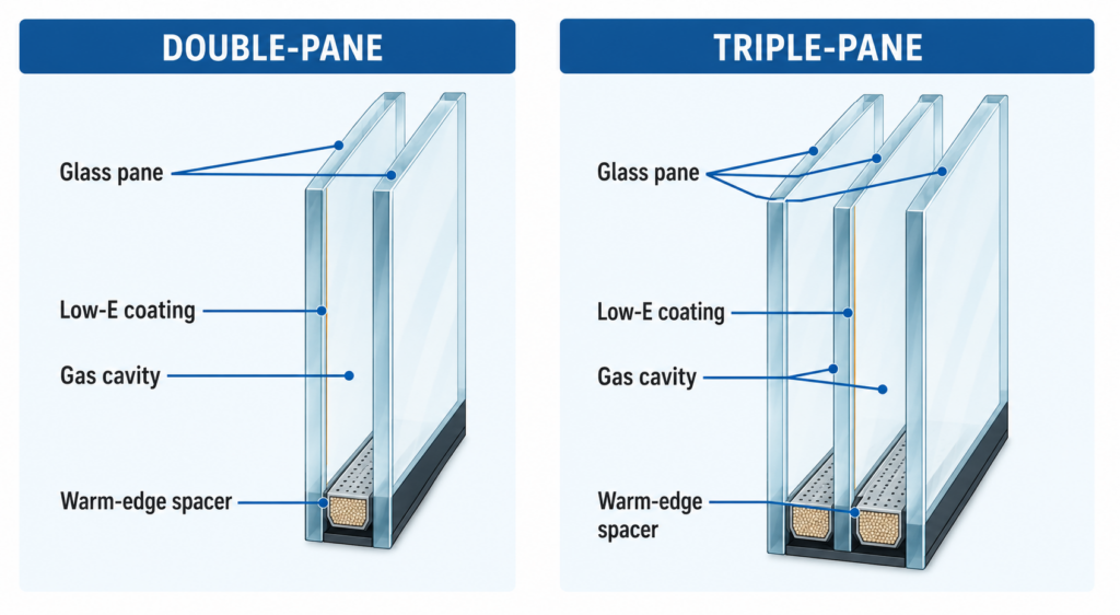Double-pane and triple-pane window glass package comparison
