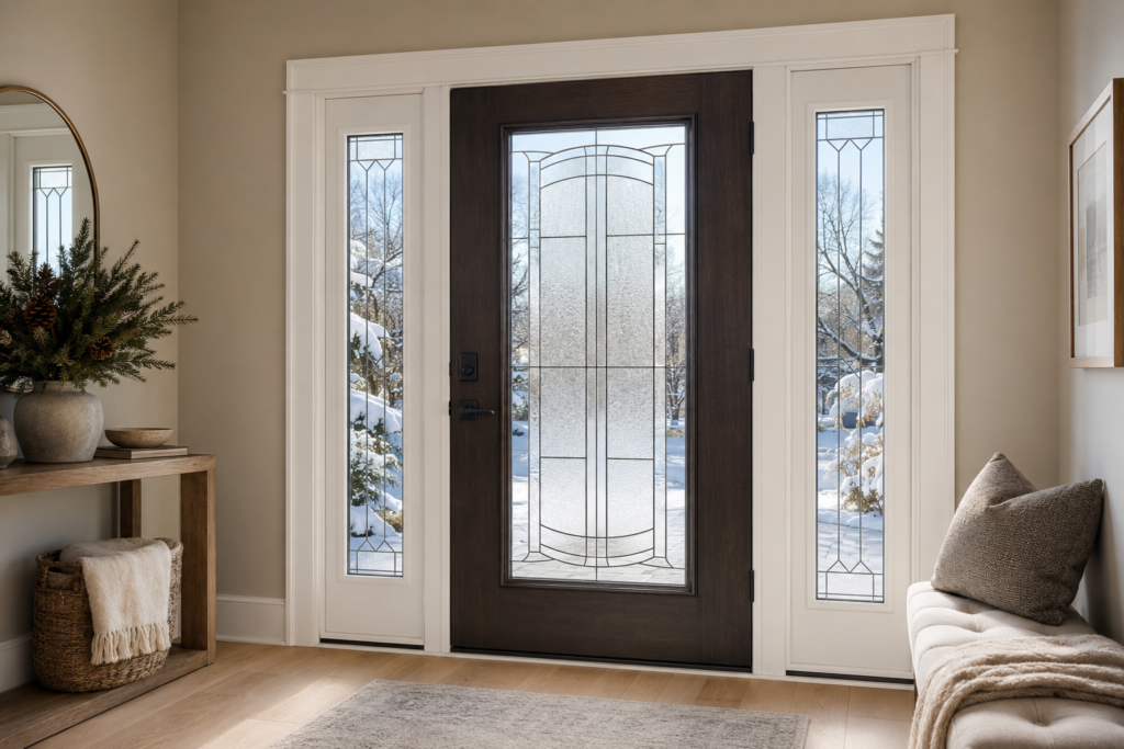 Energy-efficient fiberglass entry door with insulated glass and sidelights during a Toronto winter.