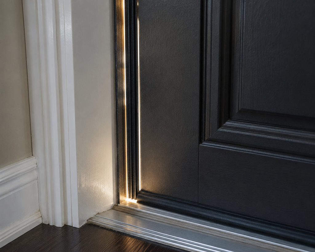 Daylight visible through a worn weatherstrip on an older entry door