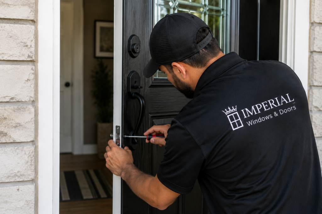 Technician adjusting a misaligned entry door during installation