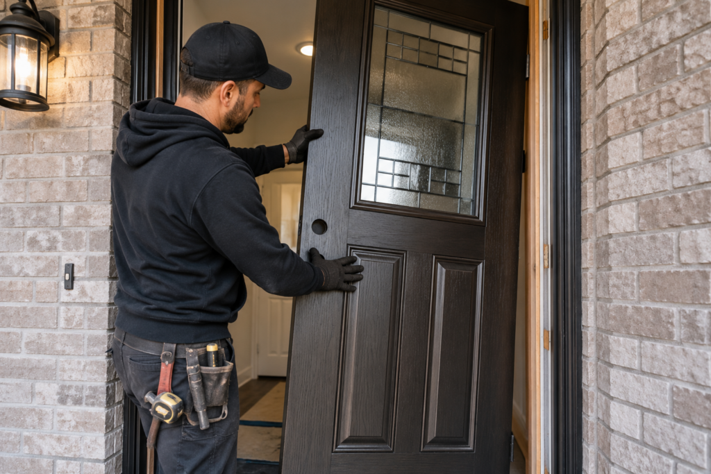 Professional installer carefully fitting a new fiberglass entry door into a Toronto home.