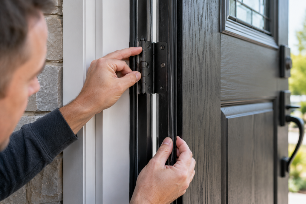 Homeowner inspecting weatherstripping and hinges during annual entry door maintenance.