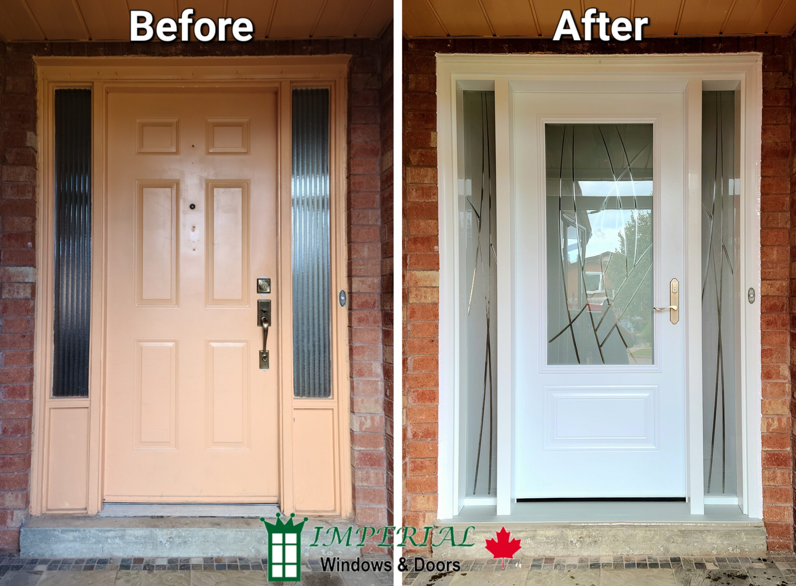 Comparison between an old entry door needing repairs and a newly installed fiberglass replacement