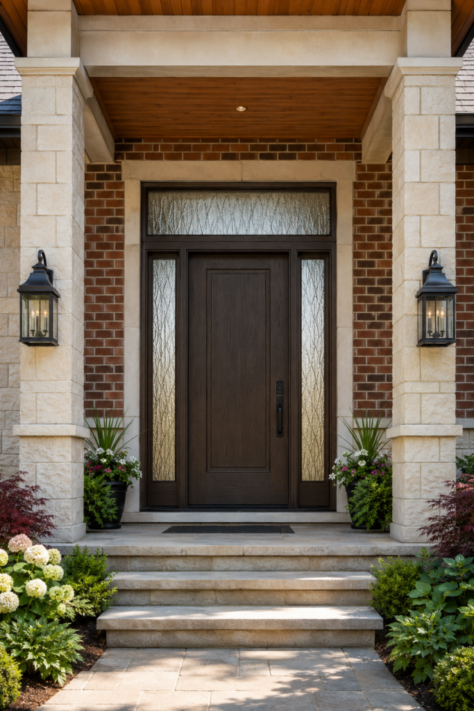 Tall fiberglass entry door with two sidelights and a transom window above the entrance.