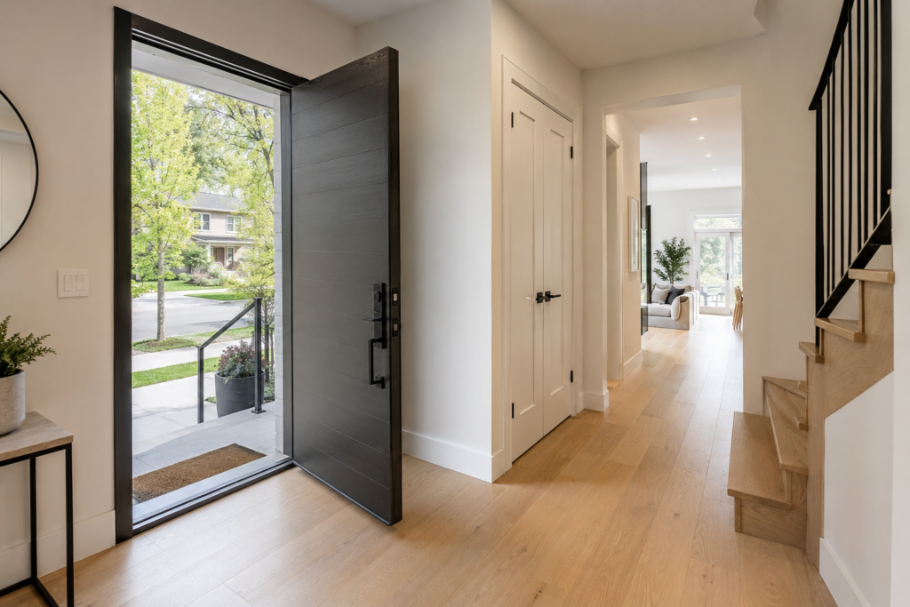 Interior foyer showing proper entry door swing and clear walking space inside the home.