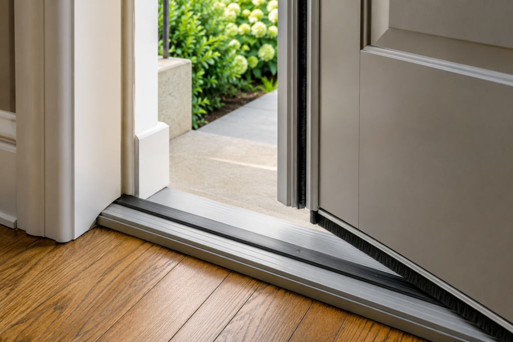 New entry door threshold fitted carefully against existing hardwood flooring in an older home.