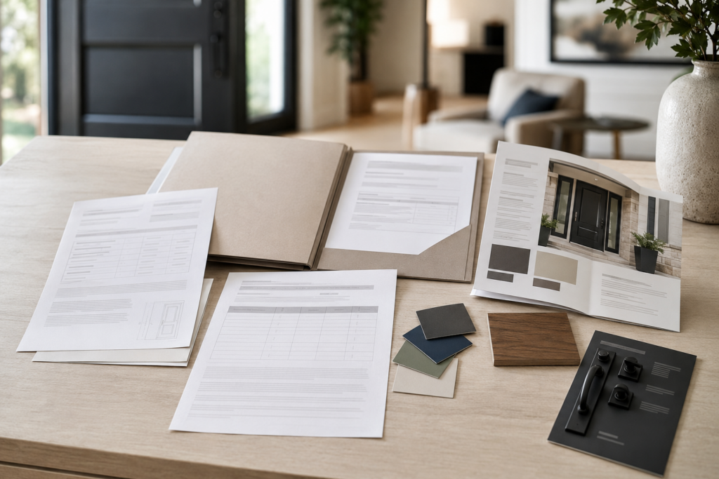 Entry door warranty documents, invoice and product information organized for future service.