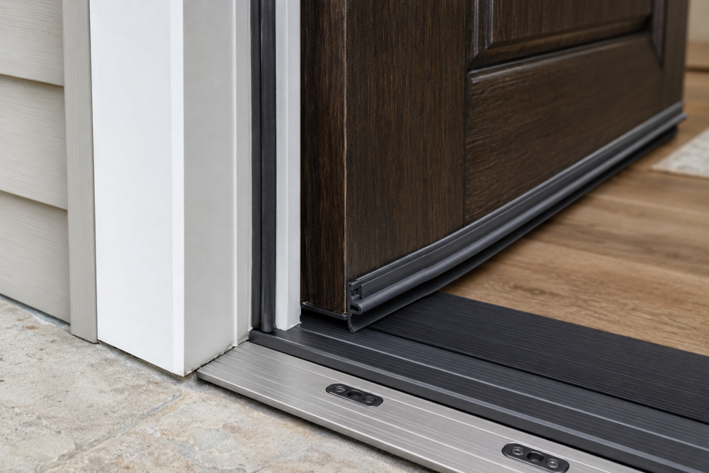 Close-up of entry door weatherstripping, adjustable threshold and bottom door sweep.