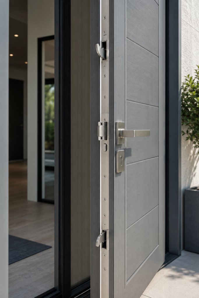 Premium fiberglass entry door featuring a multipoint locking system for enhanced home security.