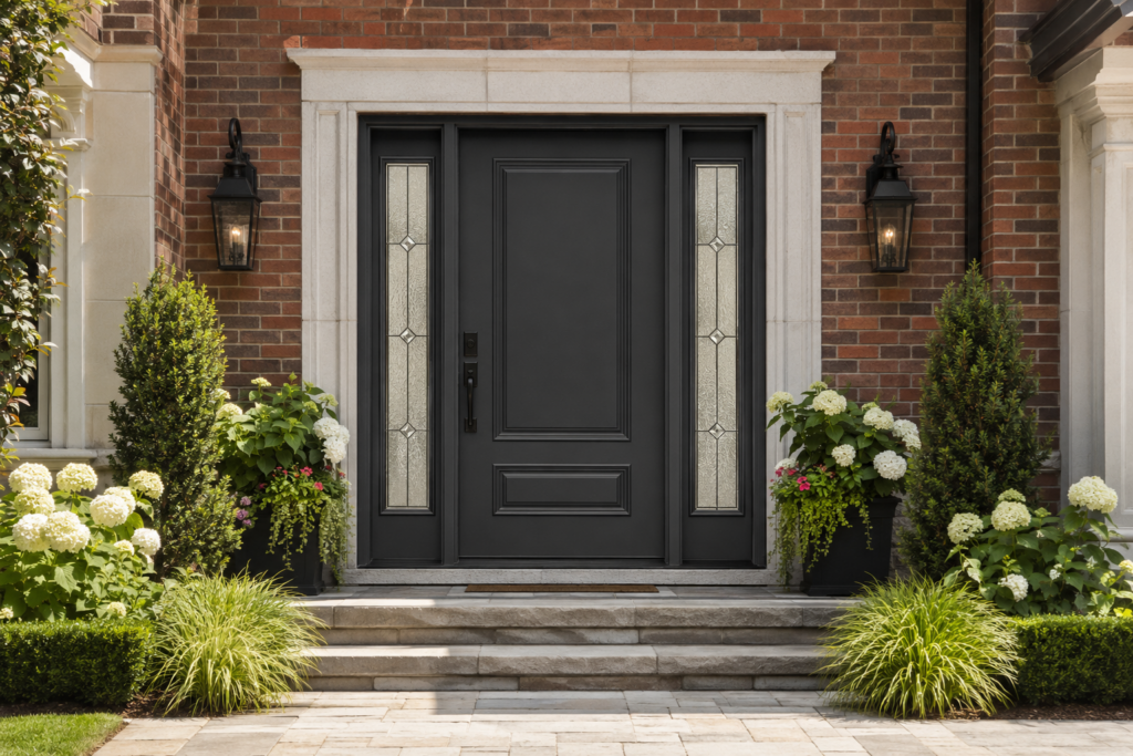 Single fiberglass entry door with matching decorative glass sidelights on a Toronto-style home.