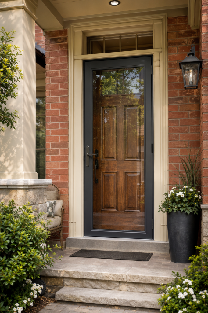 Full-view glass storm door installed over a woodgrain fiberglass entry door.