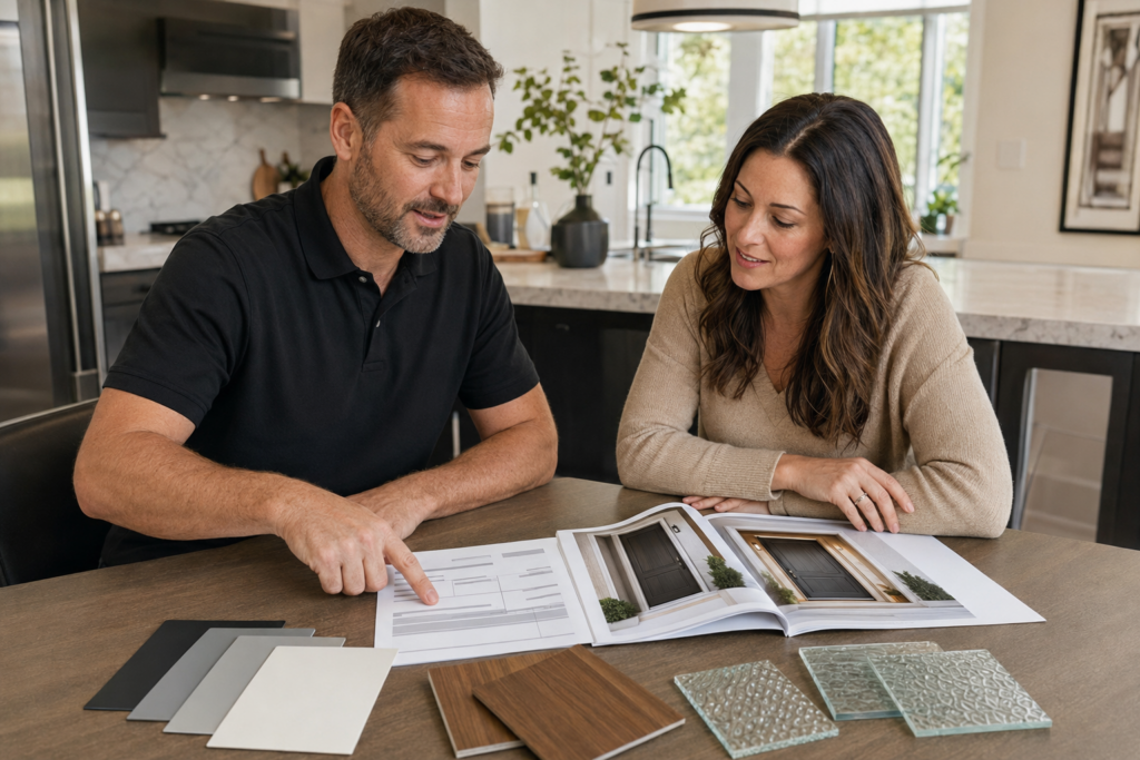 Homeowner reviewing an entry door quote and product options with a professional door consultant.