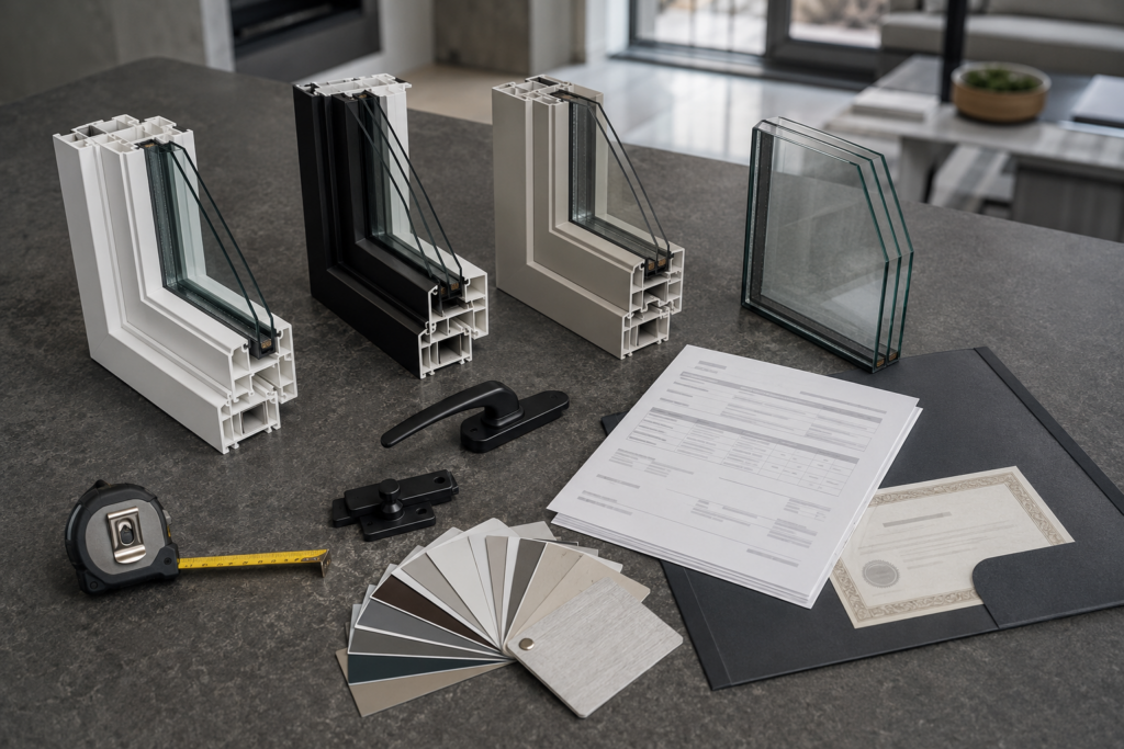 Homeowner comparing window frame samples, glass specifications and a written installation quote in Toronto