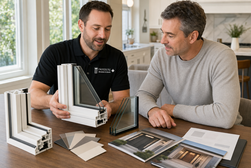 Imperial Windows & Doors consultant reviewing window frame, glass and entry door options with a Toronto homeowner