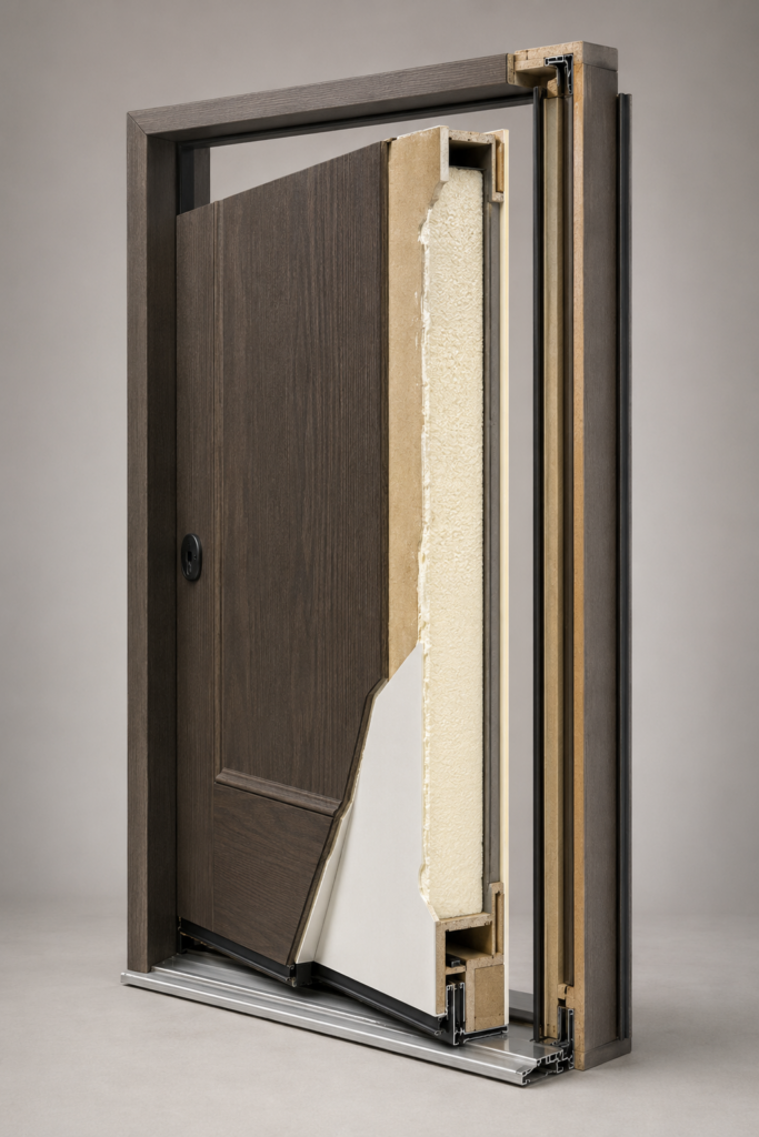Cutaway view of an insulated fiberglass entry door with a sealed frame and weatherstripping.