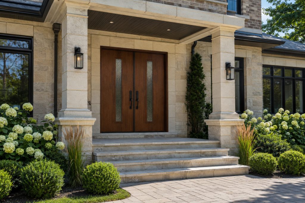Luxury double fiberglass entry doors with glass inserts on an upscale GTA home.