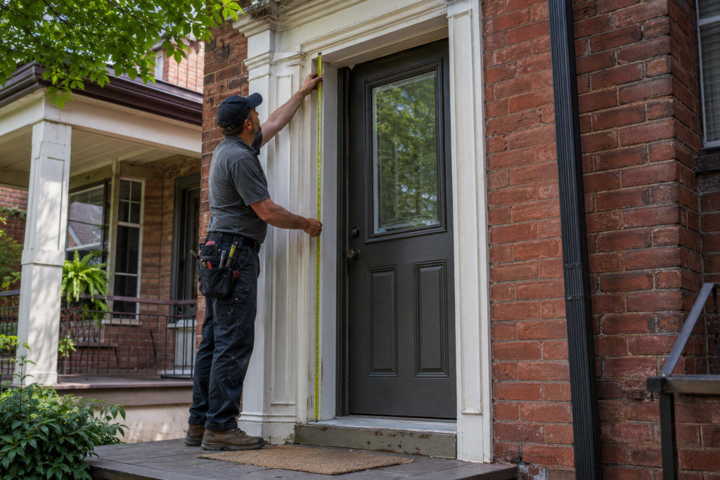 Professional installer measuring the complete entry door opening of an older Toronto brick home.